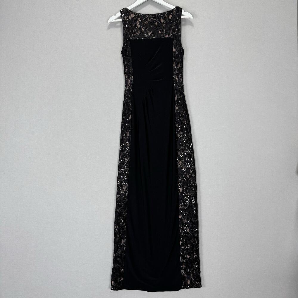 Lauren‎ Ralph Lauren Evening Gown Womens 6 Black Lace Sequin Panel Ruched Maxi - Picture 3 of 9